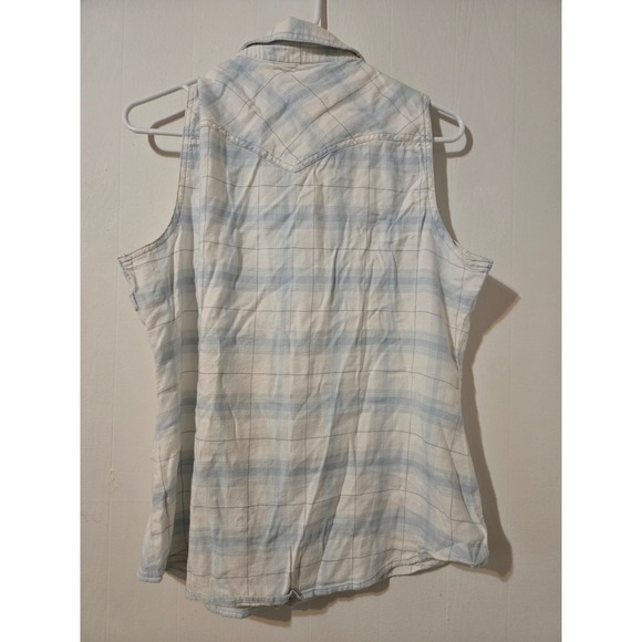 True Religion Womens XL Blue Plaid Sleeveless Western Button Down Shirt Top - Picture 2 of 4